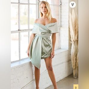Always Celebrating Sage Green Satin Off-the-Shoulder Mini Dress